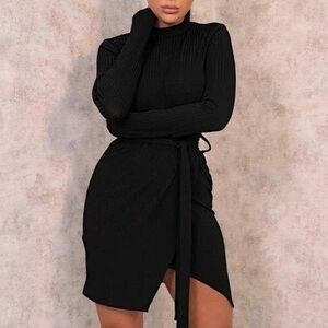 Black Belted High Neck Ribbed Bodycon Mini Dress NEW